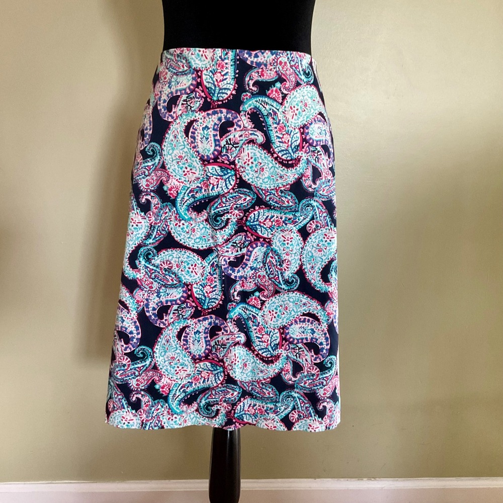 Talbots Petites‎ Paisley Pencil Skirt Navy Blue Turquoise Pink 16P Office Career